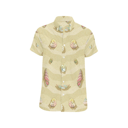 Beach with Seashell Theme Men's Short Sleeve Button Up Shirt