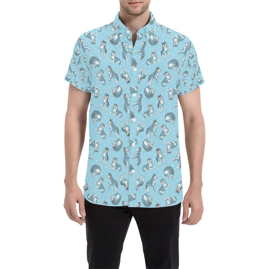 Wolf Design Print Pattern Men's Short Sleeve Button Up Shirt