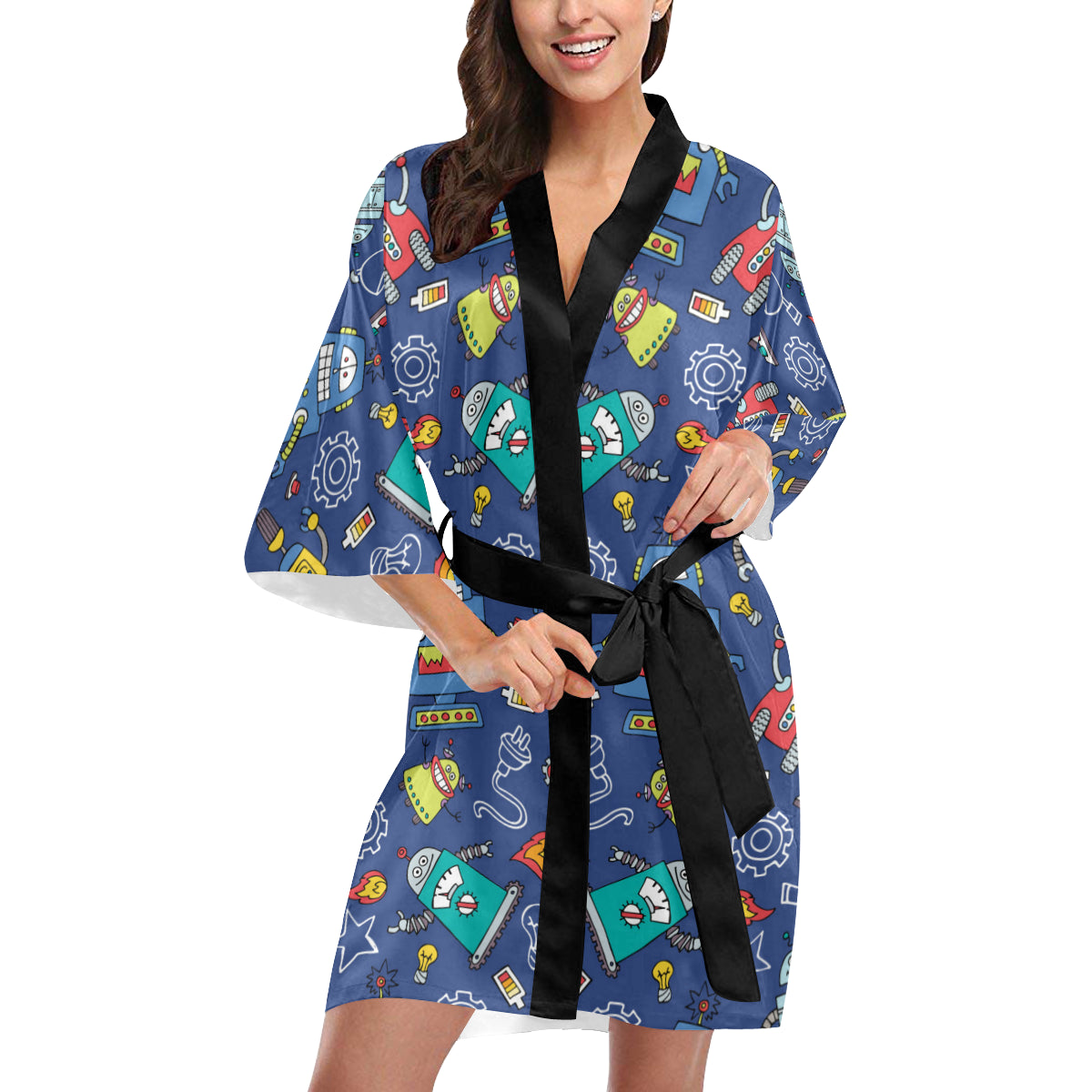 Robot Pattern Print Design A03 Women's Short Kimono