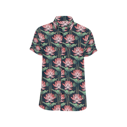 Water Lily Pattern Print Design WL03 Men's Short Sleeve Button Up Shirt