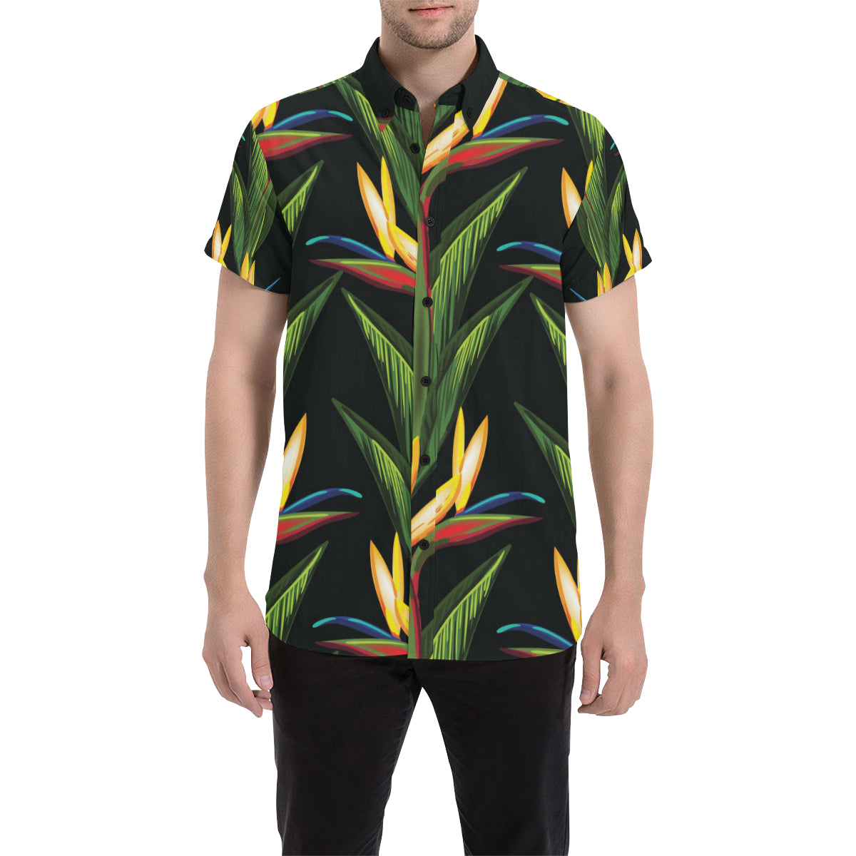 Bird Of Paradise Pattern Print Design BOP012 Men's Short Sleeve Button Up Shirt