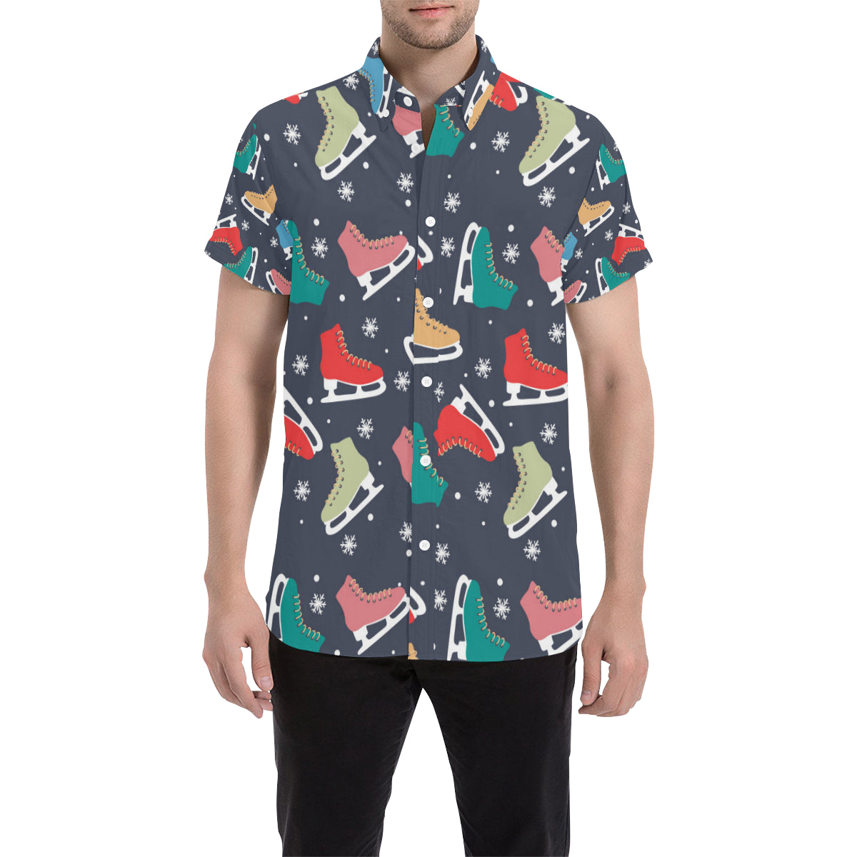 Ice Skate Pattern Print Design 04 Men's Short Sleeve Button Up Shirt