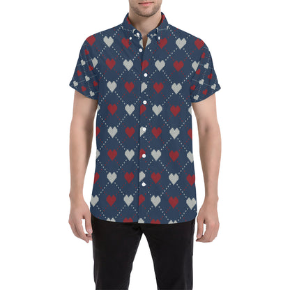 Heart Knit Pattern Print Design HE05 Men's Short Sleeve Button Up Shirt