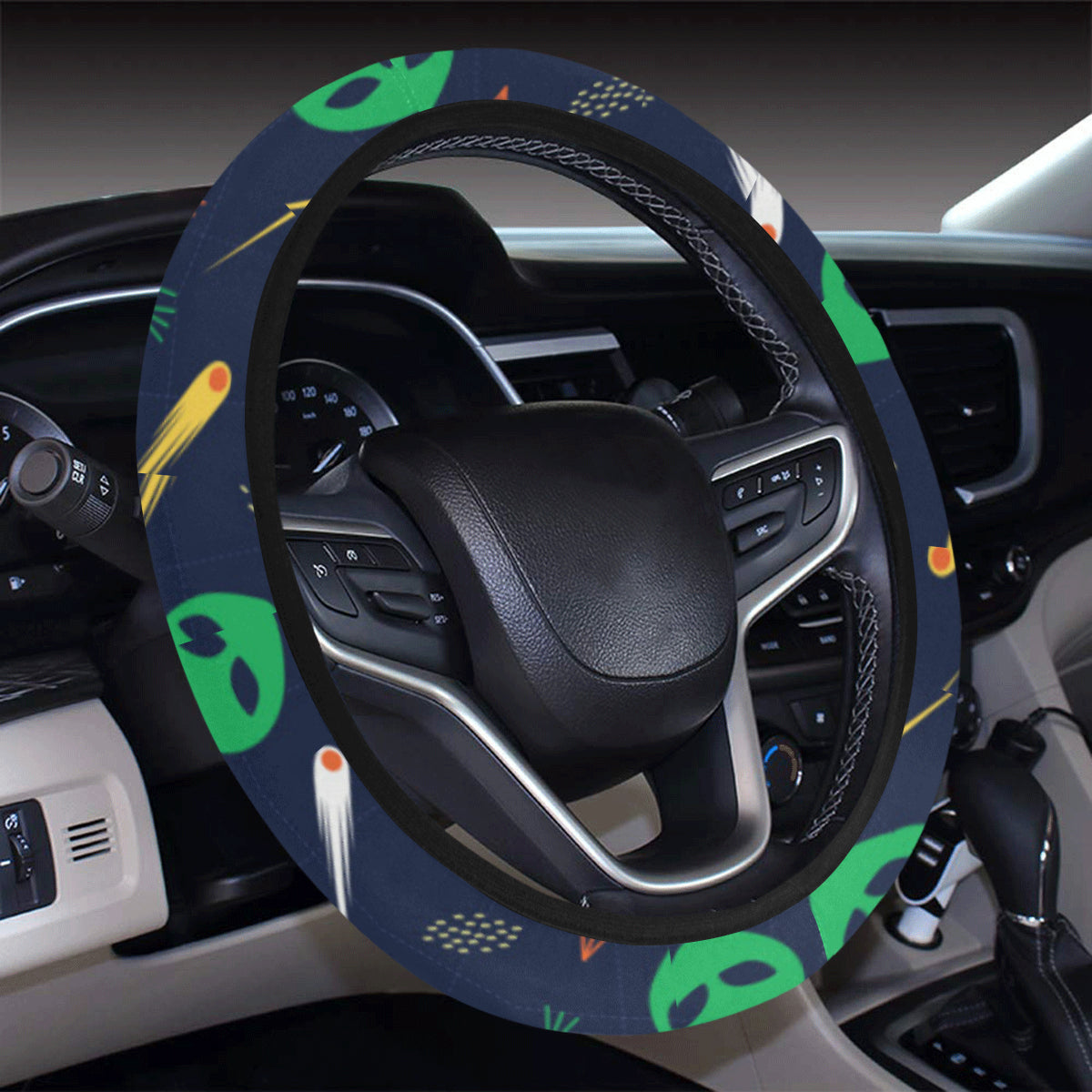 Alien UFO Pattern Print Design 05 Steering Wheel Cover with Elastic Edge