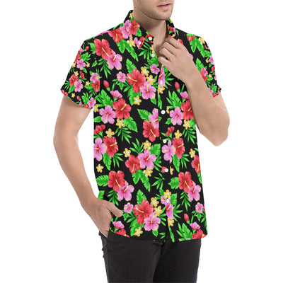 Pink Red Hibiscus Pattern Print Design HB023 Men's Short Sleeve Button Up Shirt