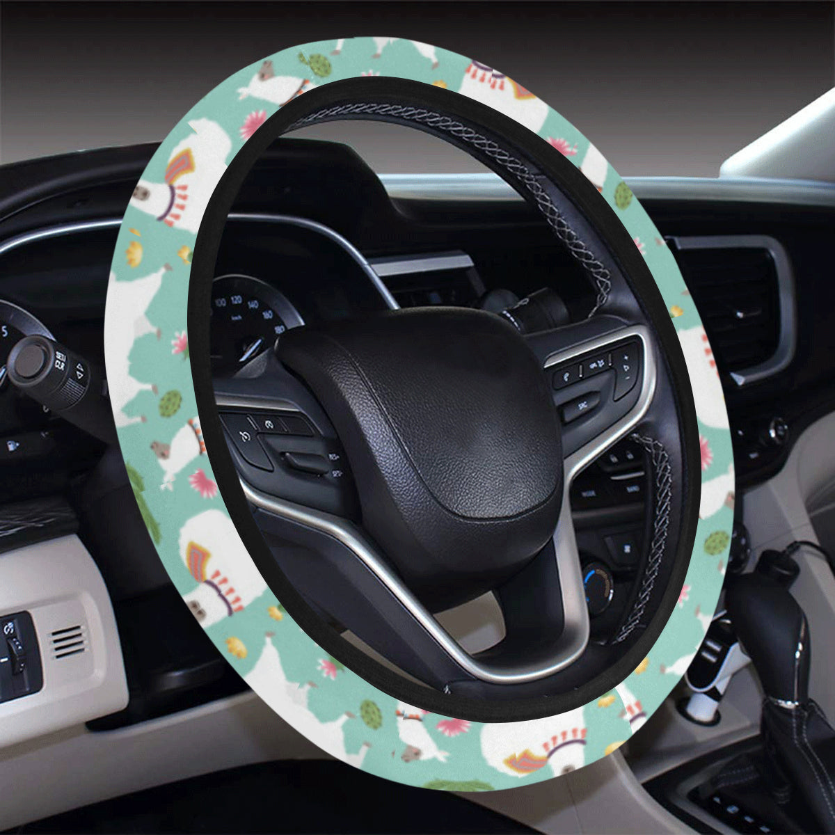 Llama with Cactus Themed Print Steering Wheel Cover with Elastic Edge