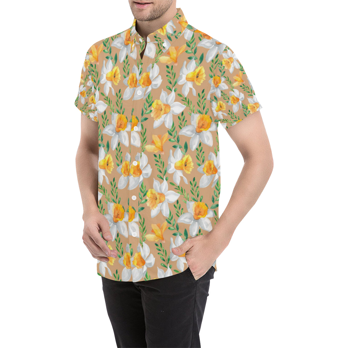 Daffodils Pattern Print Design DF04 Men's Short Sleeve Button Up Shirt