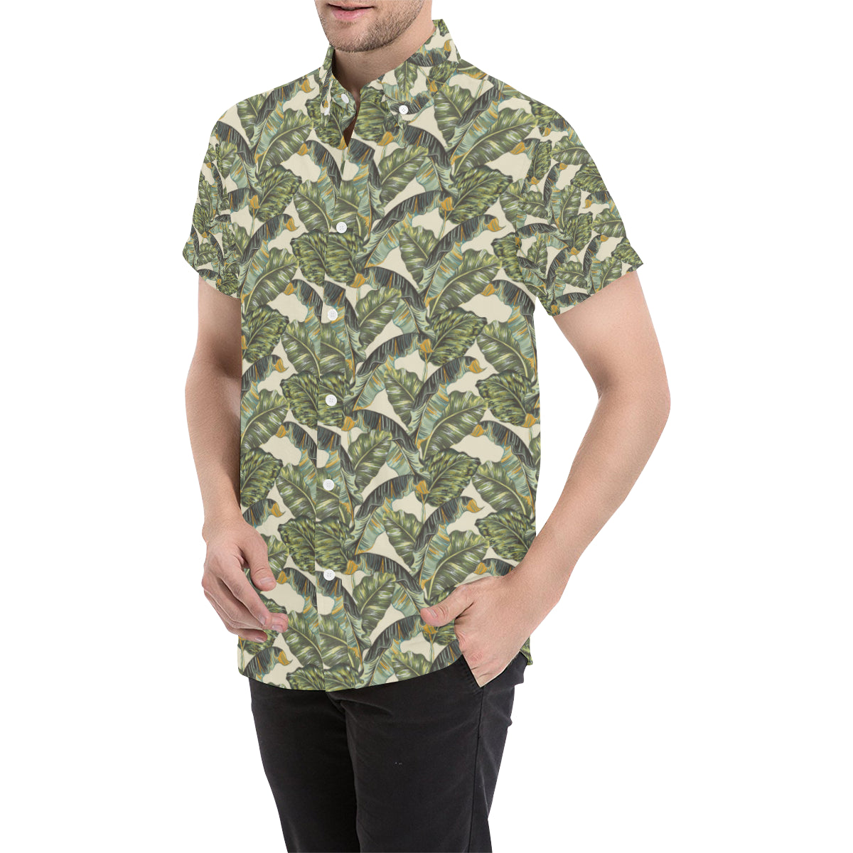 Banana Leaf Pattern Print Design 04 Men's Short Sleeve Button Up Shirt