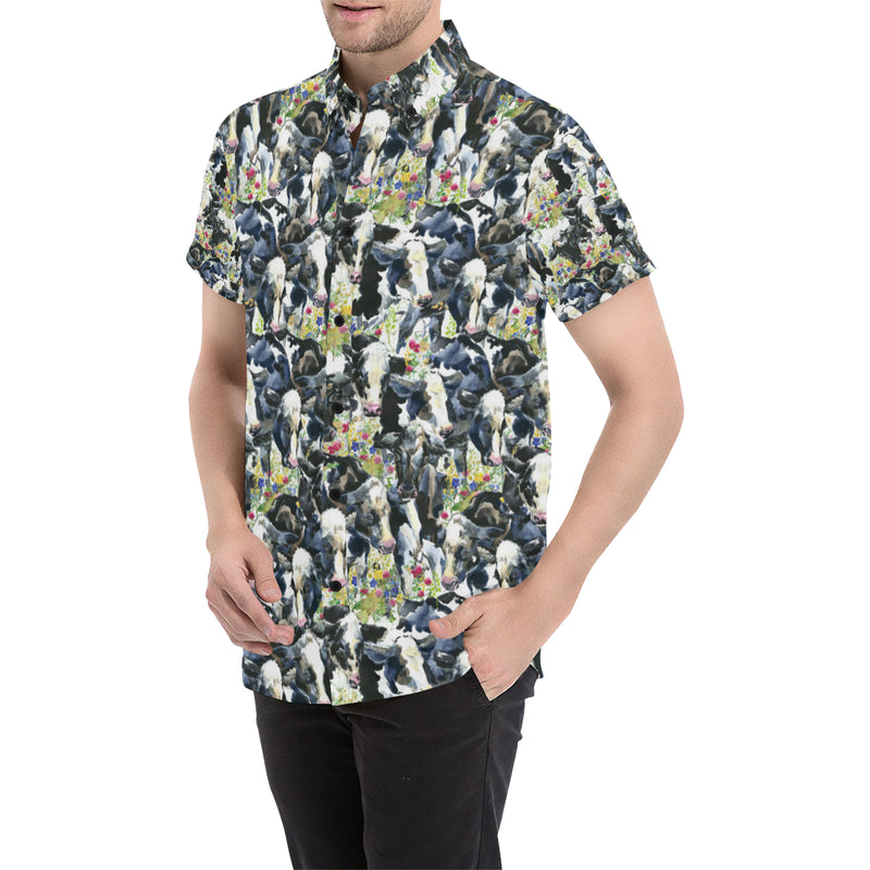 Cow Watercolor Print Pattern Men's Short Sleeve Button Up Shirt