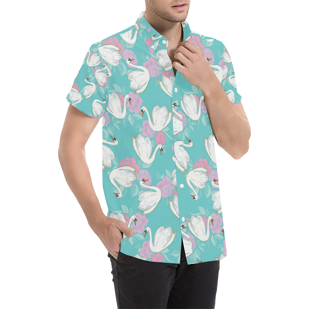 Swan Pattern Print Design 03 Men's Short Sleeve Button Up Shirt