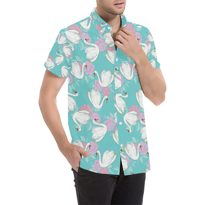 Swan Pattern Print Design 03 Men's Short Sleeve Button Up Shirt