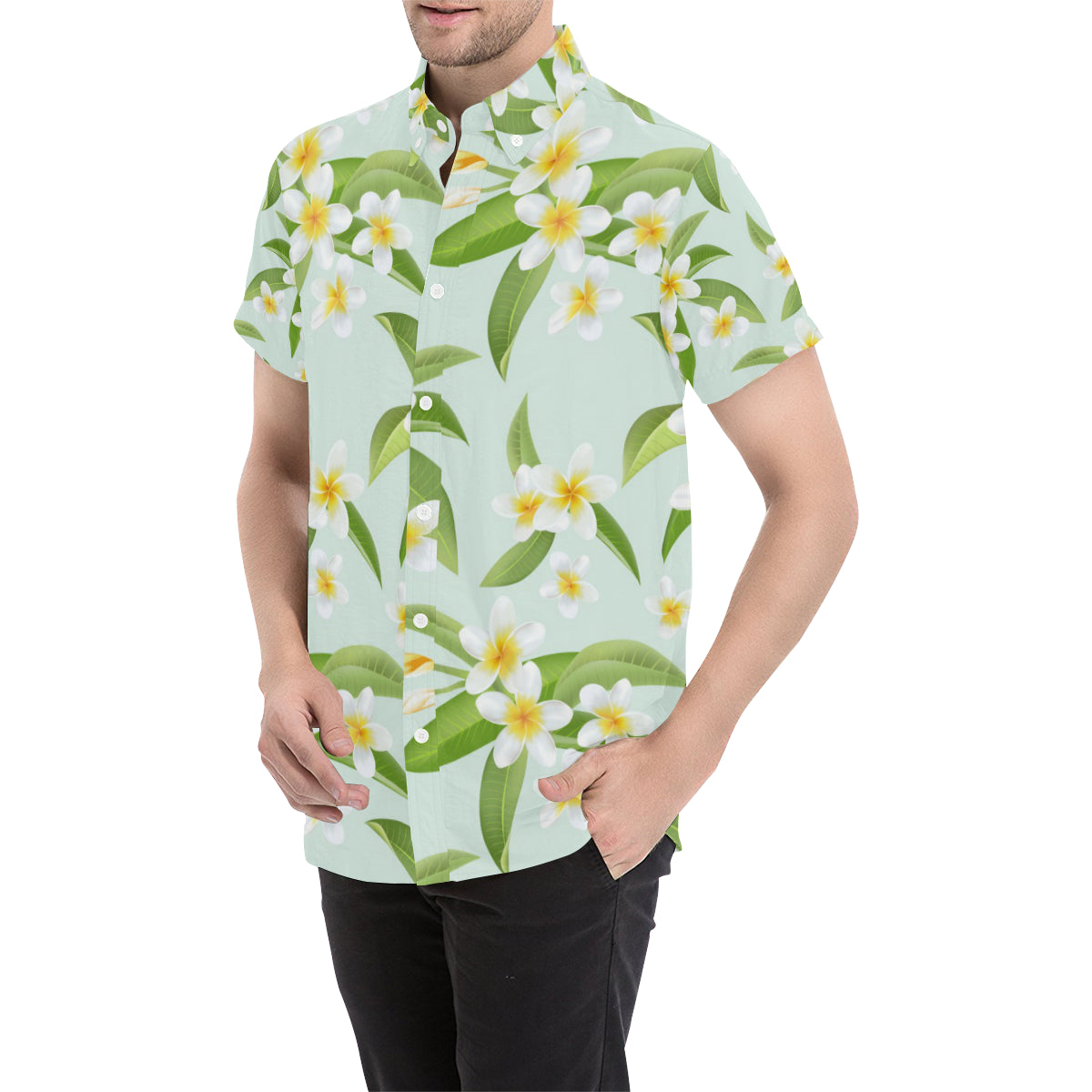 Yellow Plumeria Pattern Print Design PM024 Men's Short Sleeve Button Up Shirt
