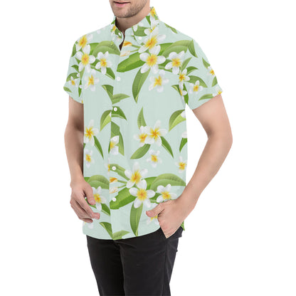 Yellow Plumeria Pattern Print Design PM024 Men's Short Sleeve Button Up Shirt