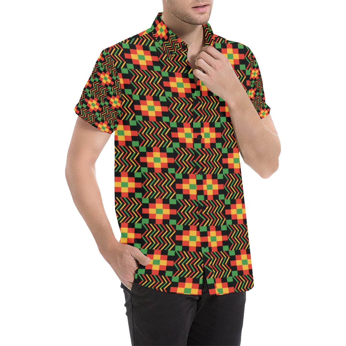 Kente Pattern Print Design 01 Men's Short Sleeve Button Up Shirt