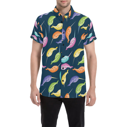 Narwhal Colorful Pattern Print Design 03 Men's Short Sleeve Button Up Shirt