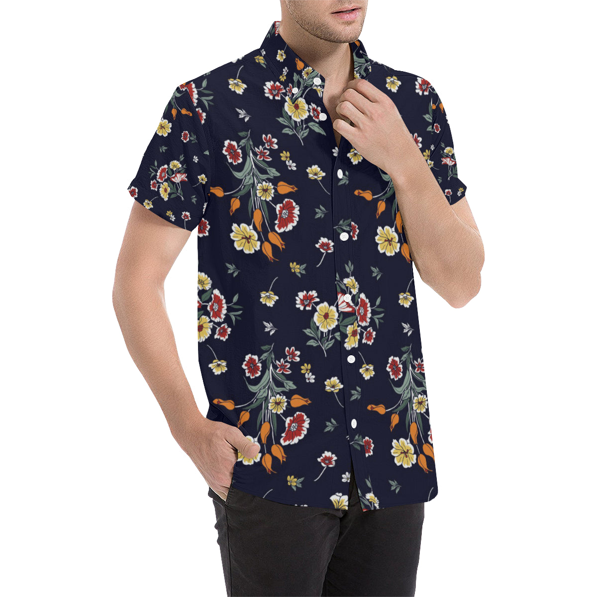 Summer Floral Pattern Print Design SF01 Men's Short Sleeve Button Up Shirt