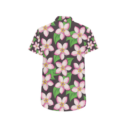 Pink Plumeria Pattern Print Design PM019 Men's Short Sleeve Button Up Shirt