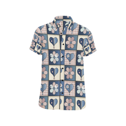 Patchwork Heart Flower Pattern Print Design 01 Men's Short Sleeve Button Up Shirt