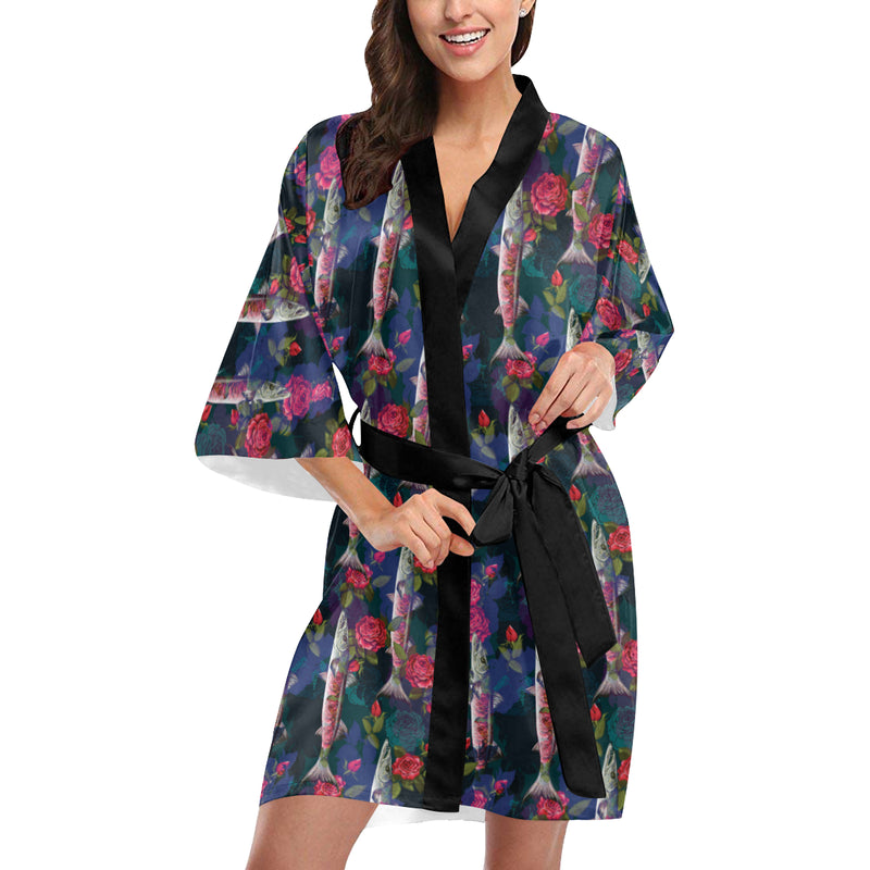 Barracuda with Folwer Pattern Print Design 01 Women's Short Kimono