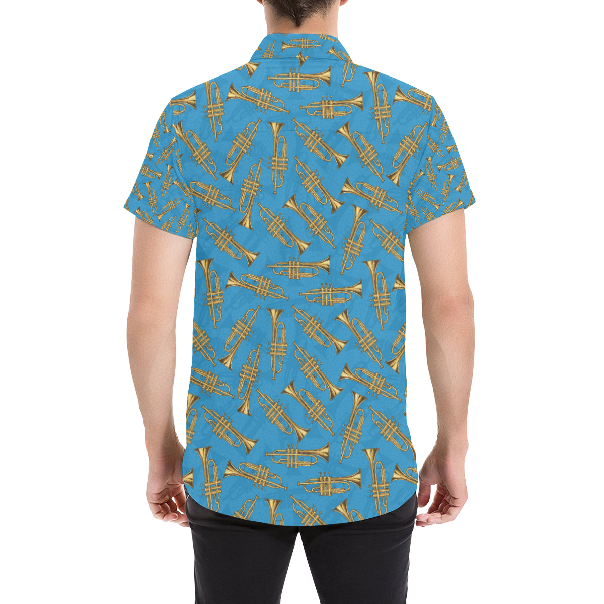 Trumpet Golden Pattern Themed Print Men's Short Sleeve Button Up Shirt