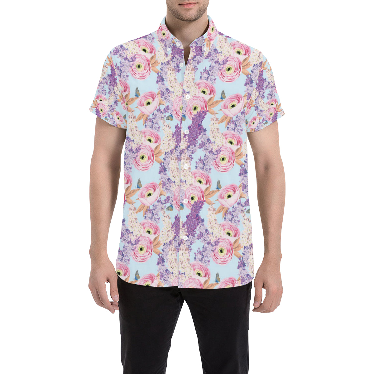Lilac Pattern Print Design LI03 Men's Short Sleeve Button Up Shirt