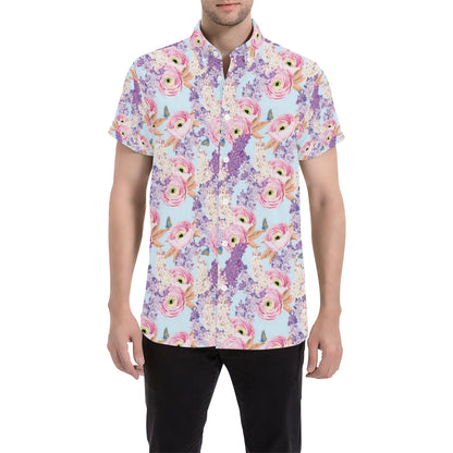 Lilac Pattern Print Design LI03 Men's Short Sleeve Button Up Shirt