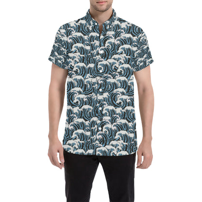 Surf Wave Pattern Print Men's Short Sleeve Button Up Shirt