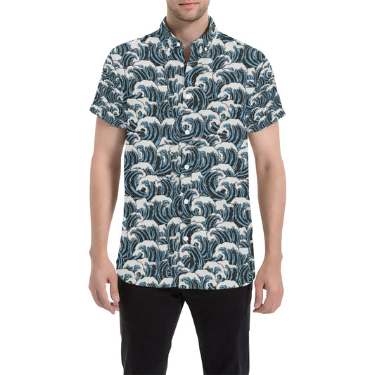 Surf Wave Pattern Print Men's Short Sleeve Button Up Shirt
