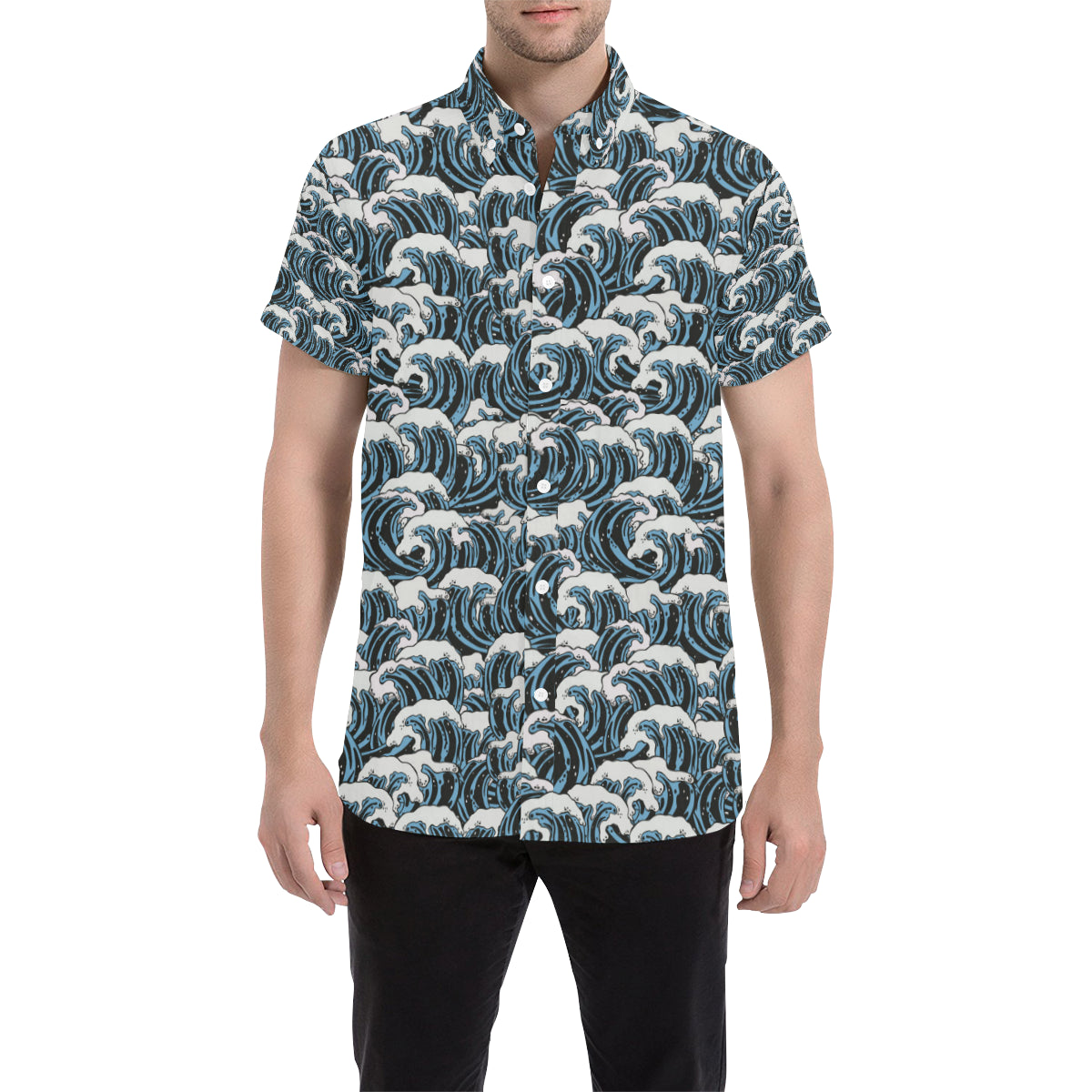 Surf Wave Pattern Print Men's Short Sleeve Button Up Shirt