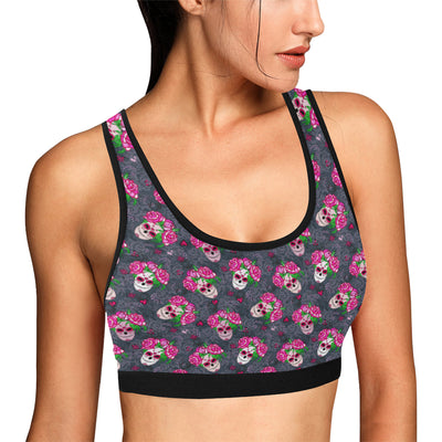 Sugar Skull Pink Rose Themed Print Sports Bra