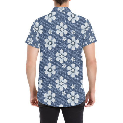 Jean Flower Pattern Print Design 03 Men's Short Sleeve Button Up Shirt