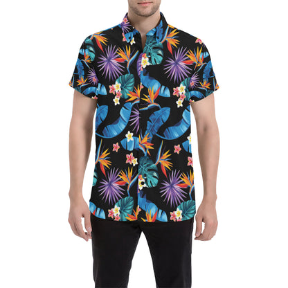 Tropical Flower Pattern Print Design TF018 Men's Short Sleeve Button Up Shirt