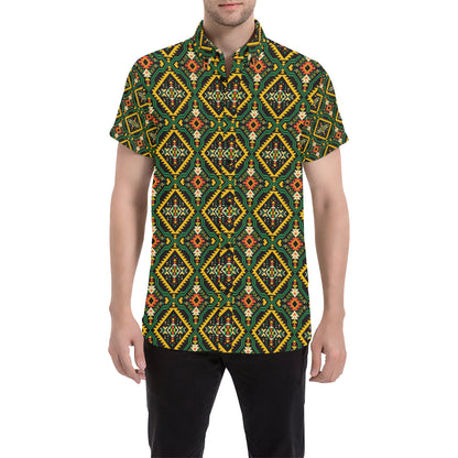 Kente Green Design African Print Men's Short Sleeve Button Up Shirt