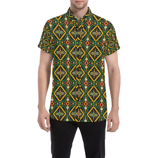 Kente Green Design African Print Men's Short Sleeve Button Up Shirt