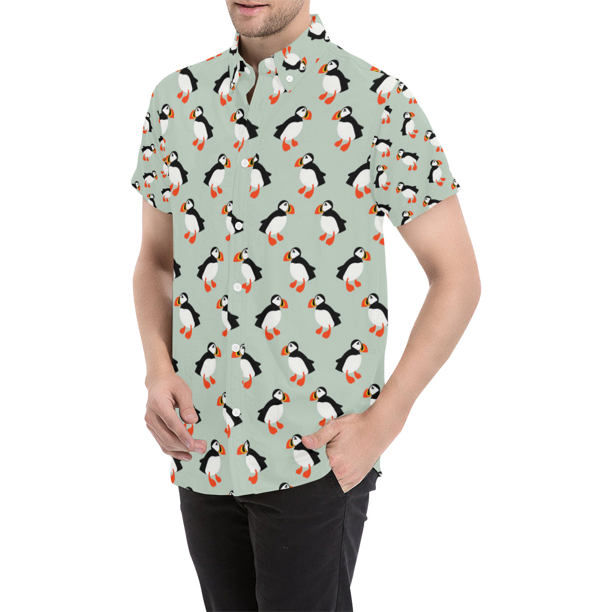 Puffin Pattern Print Design A03 Men's Short Sleeve Button Up Shirt