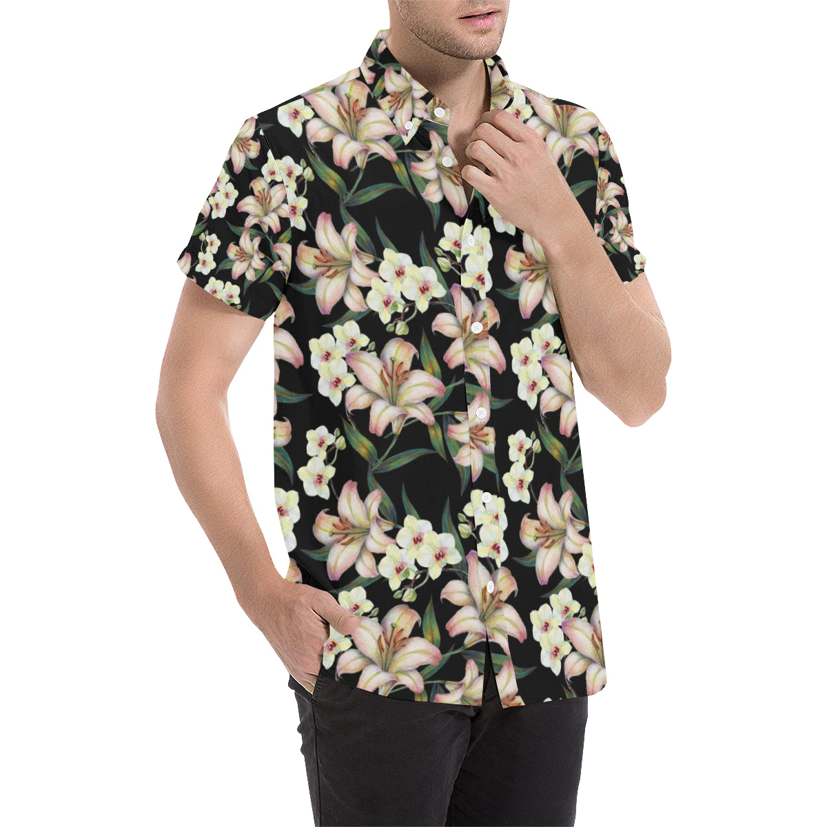 Lily Pattern Print Design LY03 Men's Short Sleeve Button Up Shirt