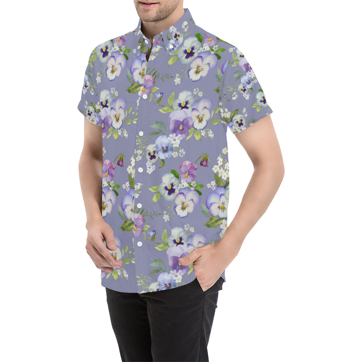 Pansy Pattern Print Design PS05 Men's Short Sleeve Button Up Shirt