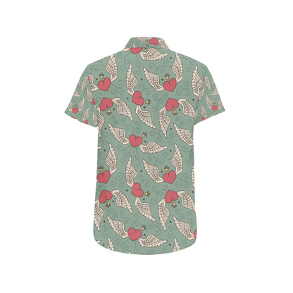 Angel Wings Heart Design Themed Print Men's Short Sleeve Button Up Shirt
