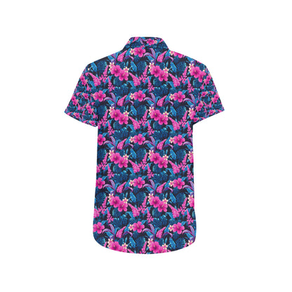 Tropical Folower Pink Themed Print Men's Short Sleeve Button Up Shirt