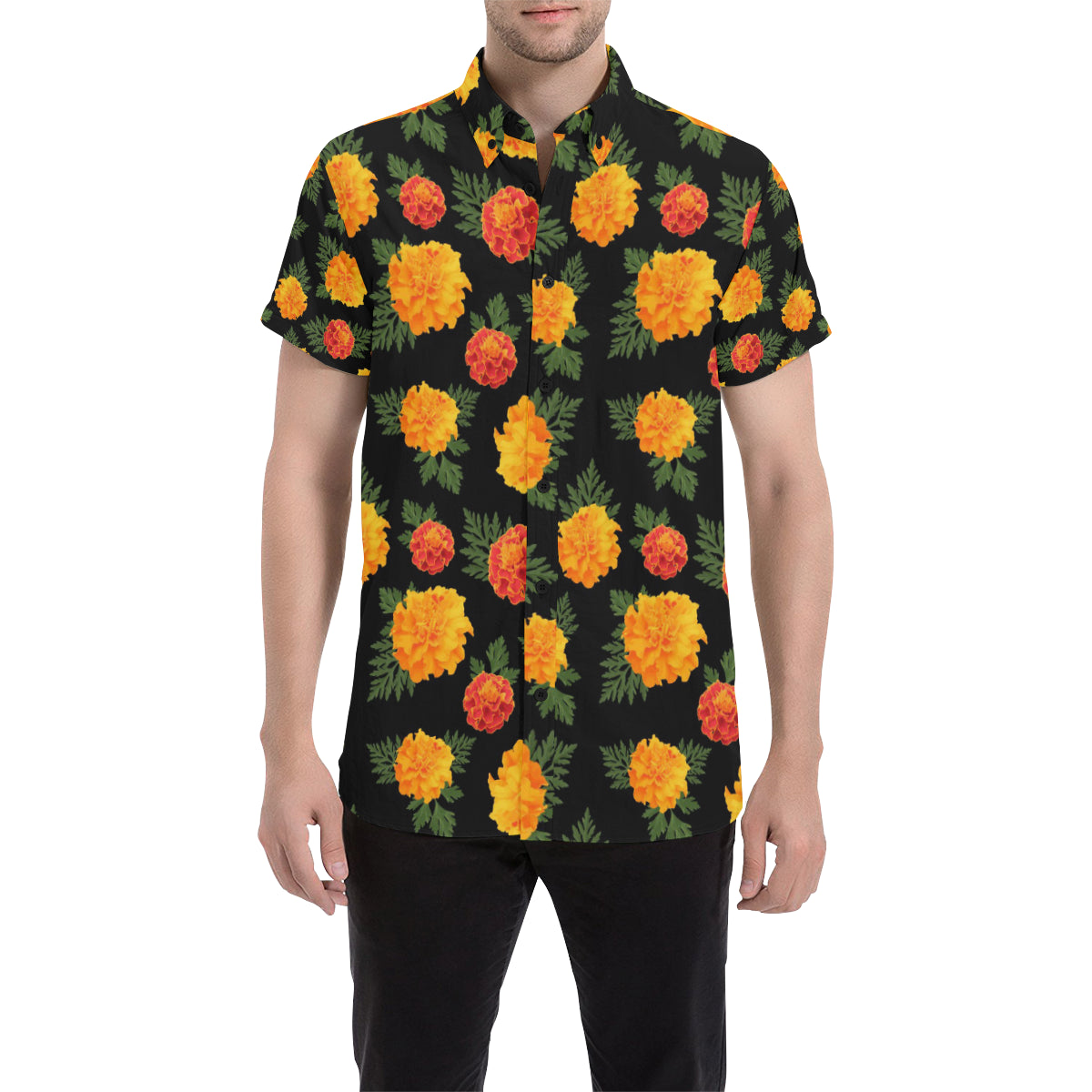 Marigold Pattern Print Design MR05 Men's Short Sleeve Button Up Shirt