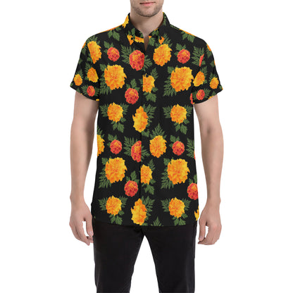 Marigold Pattern Print Design MR05 Men's Short Sleeve Button Up Shirt
