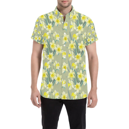 Daffodils Pattern Print Design DF01 Men's Short Sleeve Button Up Shirt