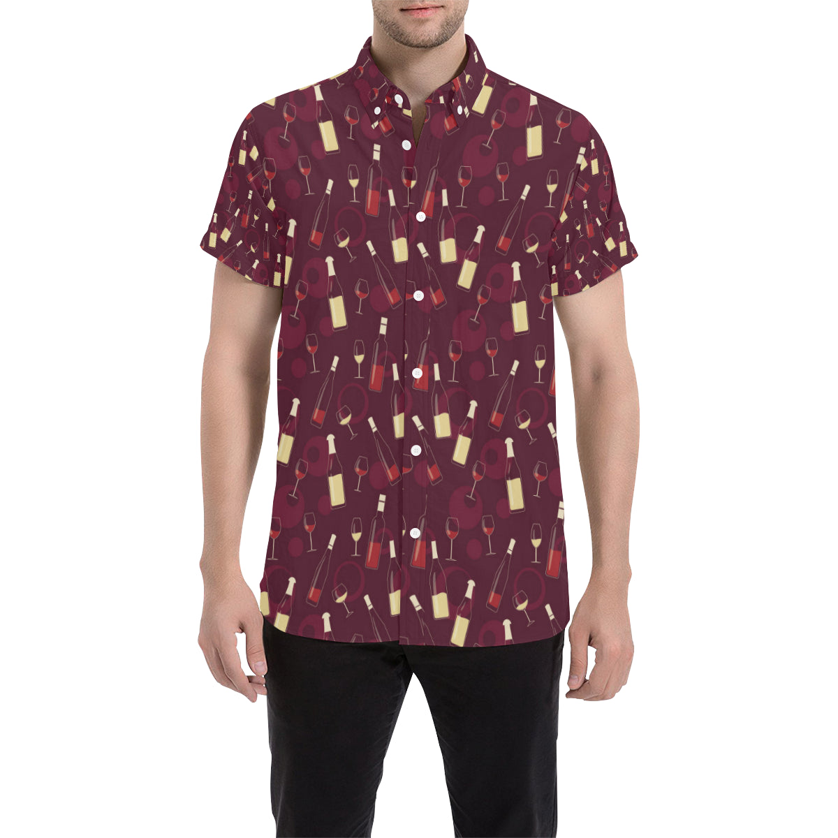Wine Themed Pattern Print Men's Short Sleeve Button Up Shirt