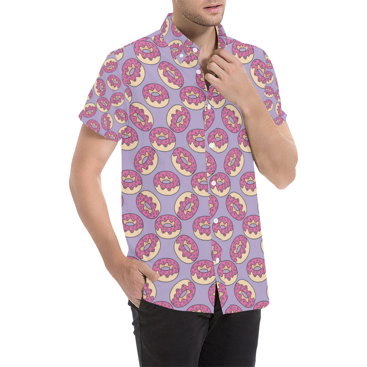 Donut Pattern Print Design DN015 Men's Short Sleeve Button Up Shirt