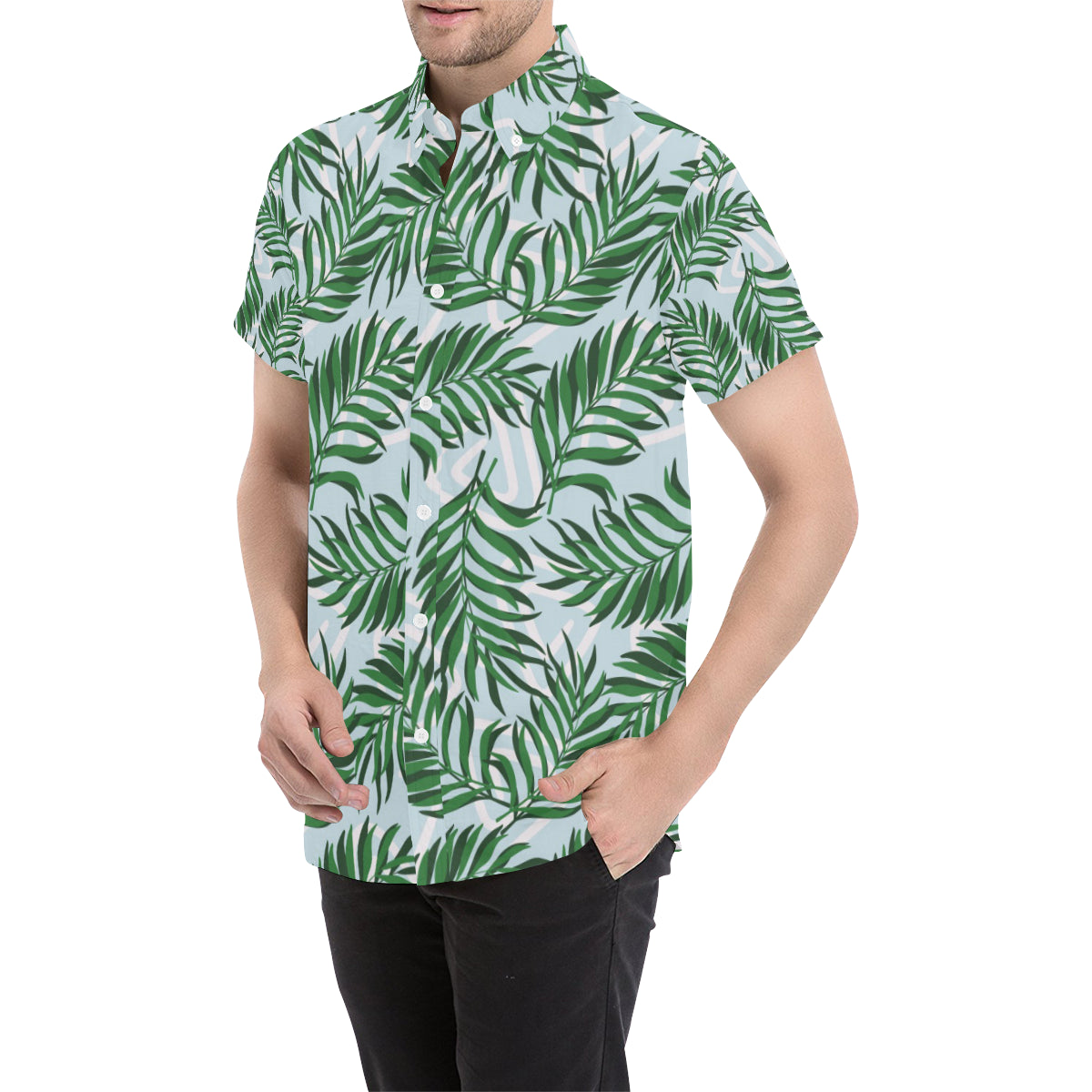 Palm Leaves Pattern Print Design PL06 Men's Short Sleeve Button Up Shirt