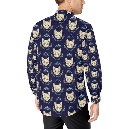 Cat Head with flower Print Pattern Men's Long Sleeve Shirt