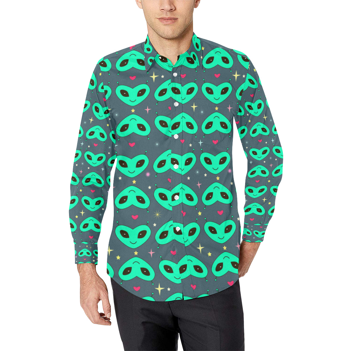 Alien Head Heart Pattern Print Design 03 Men's Long Sleeve Shirt