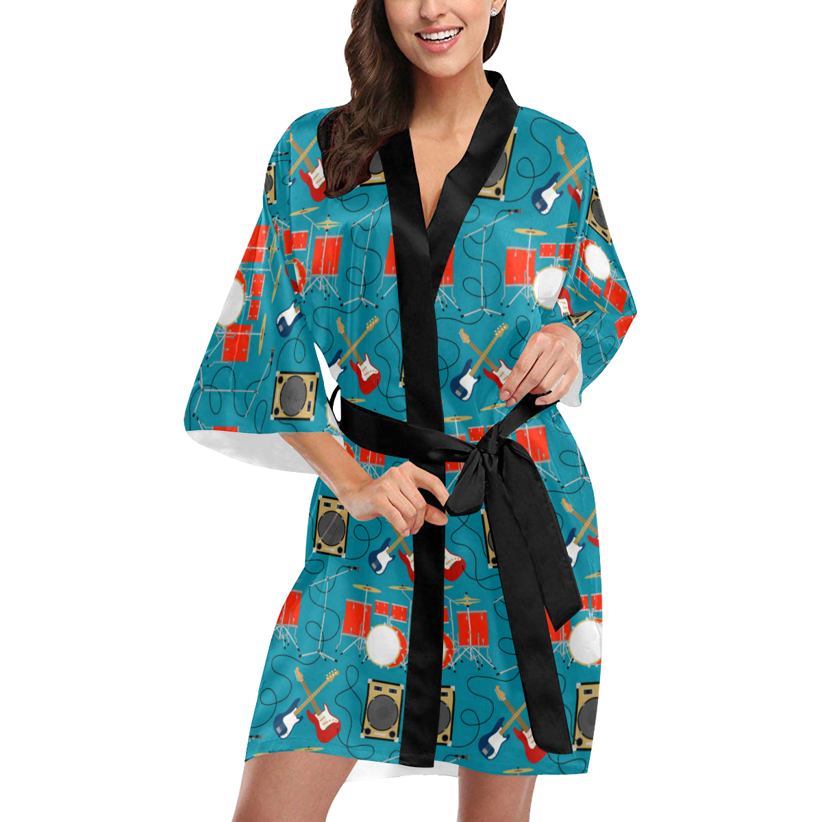 Drum Set Guitar Pattern Print Design 02 Women's Short Kimono