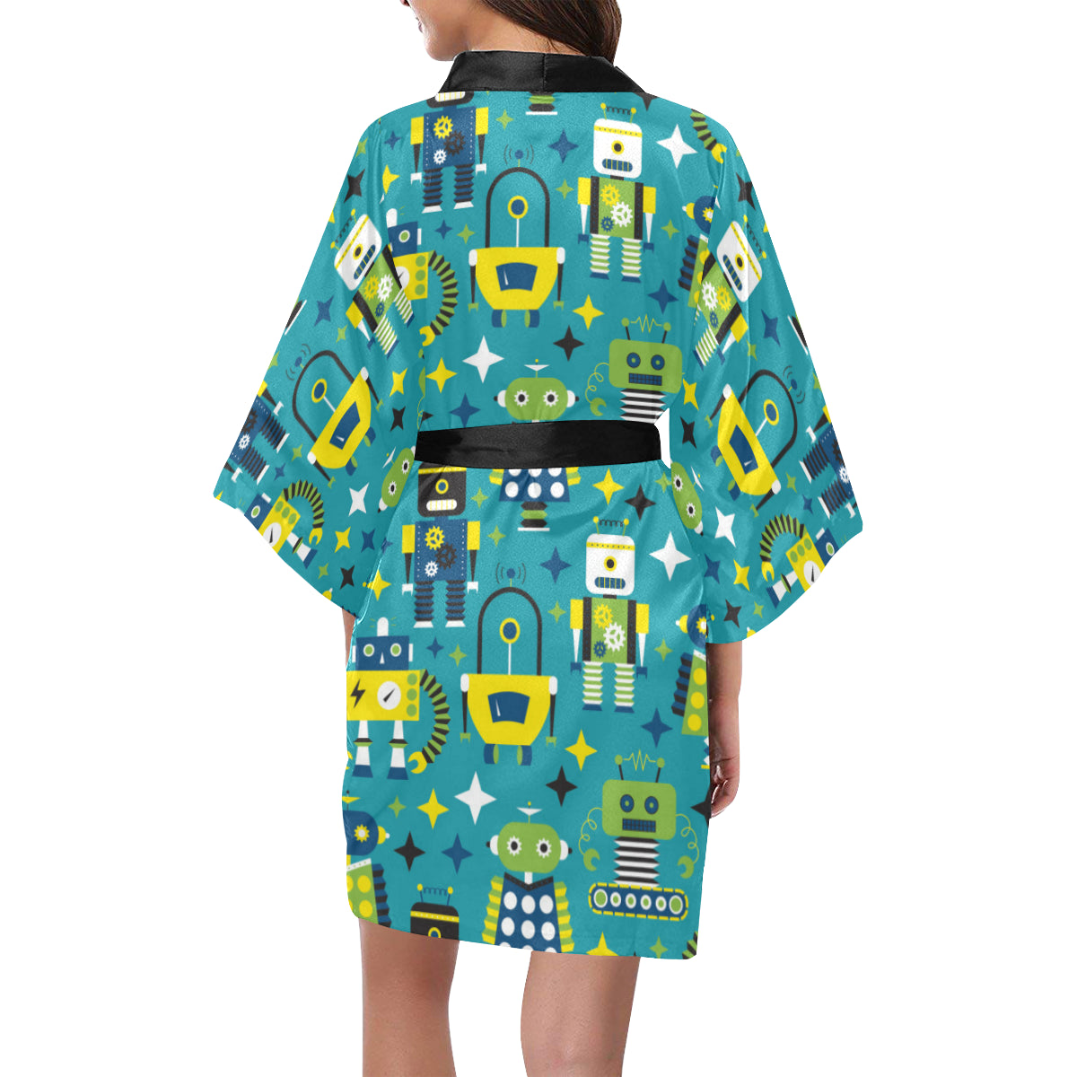 Robot Pattern Print Design A02 Women's Short Kimono