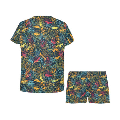 Travel Stamp Colorful Print Design LKS304 Women's Short Pajama Set